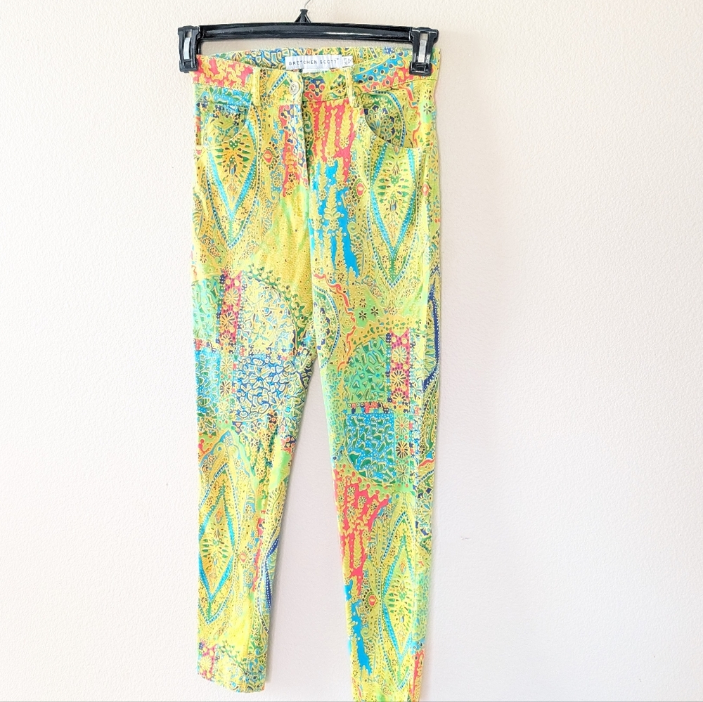 Gretchen Scott Pants XXS Paisley Floral Green Yellow Blue Red Paisley Skinny